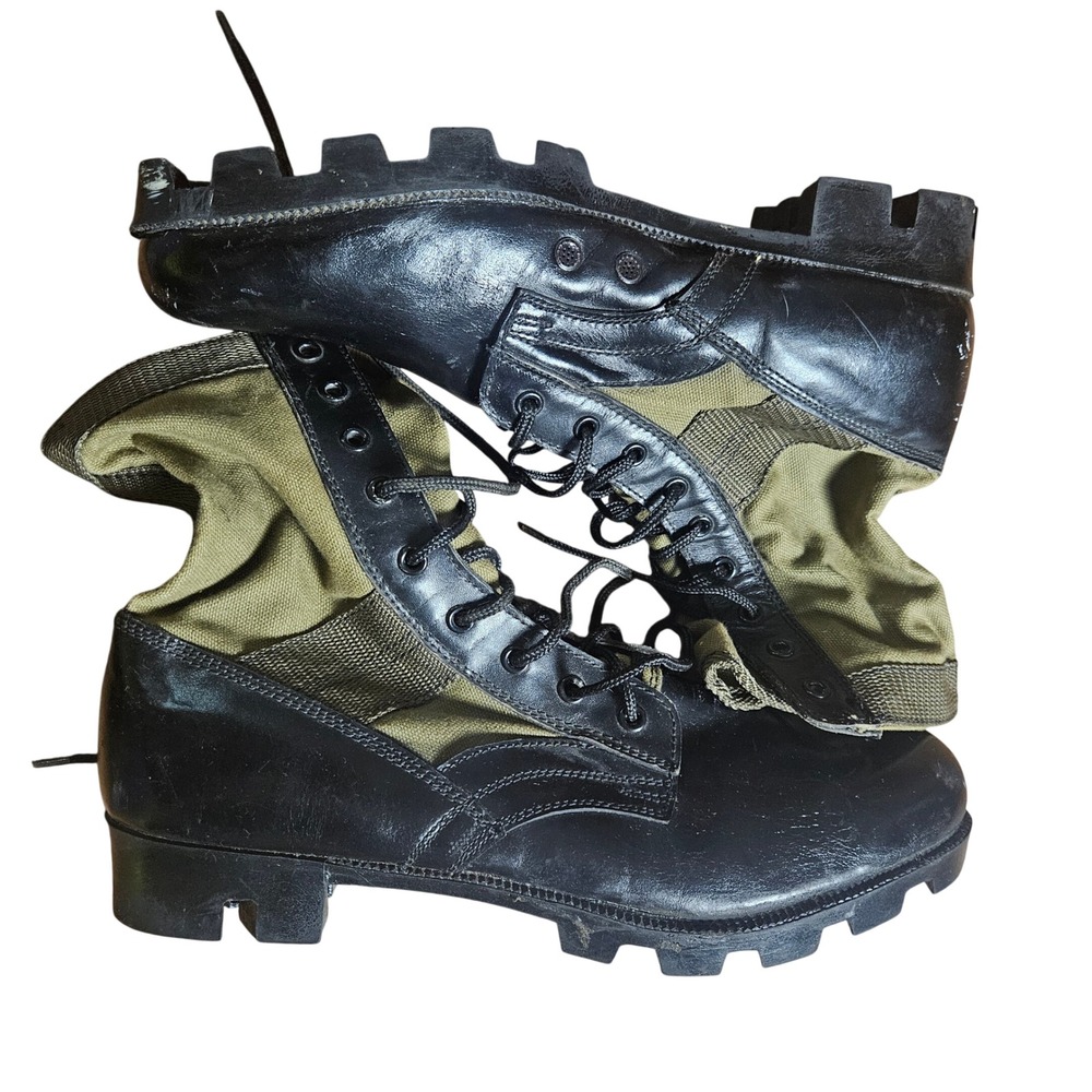 Vintage US Military Jungle Boots Black Leather Olive Canvas Panama Sole 13R